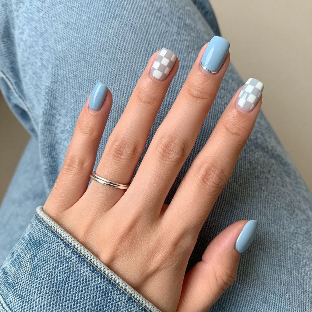 Pastel blue checkerboard nails