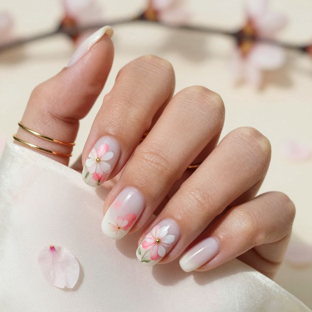 Soft watercolor floral nails