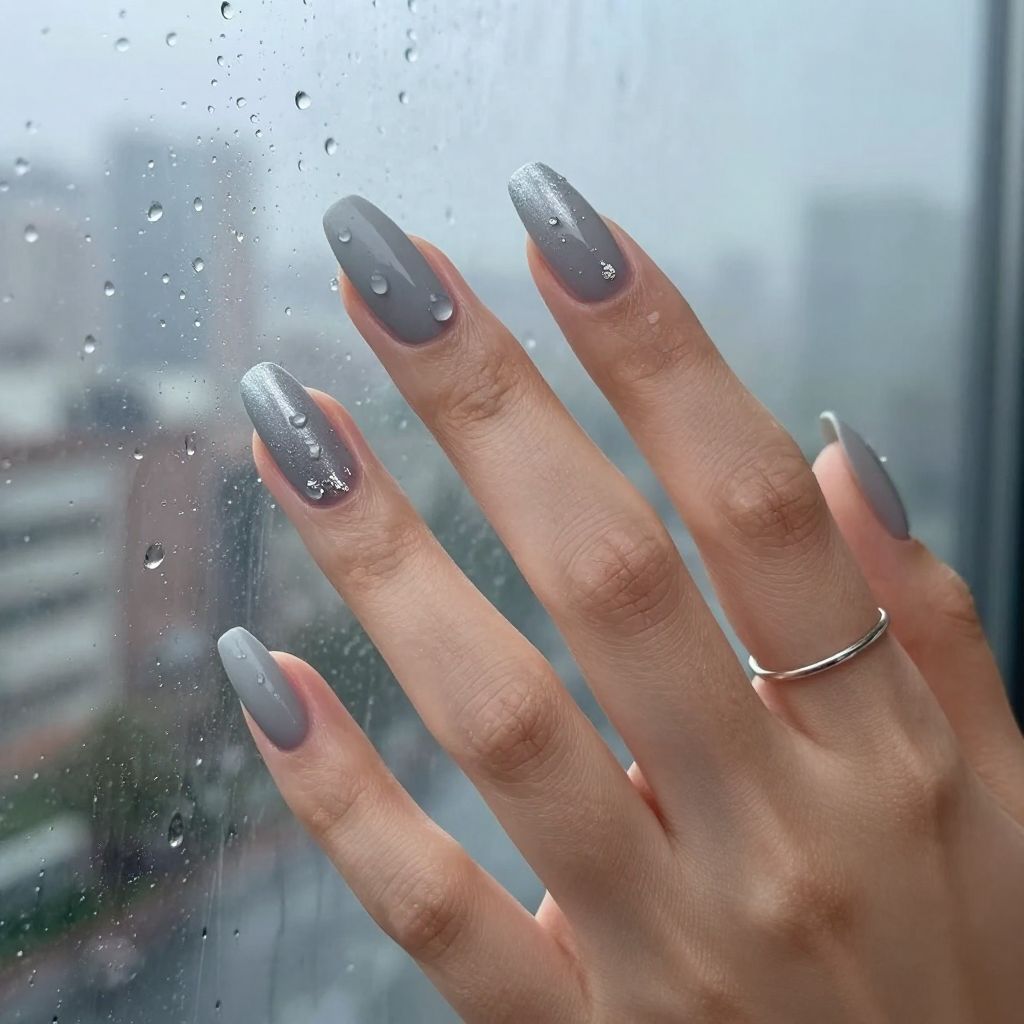 Gray rain cloud drip nail art