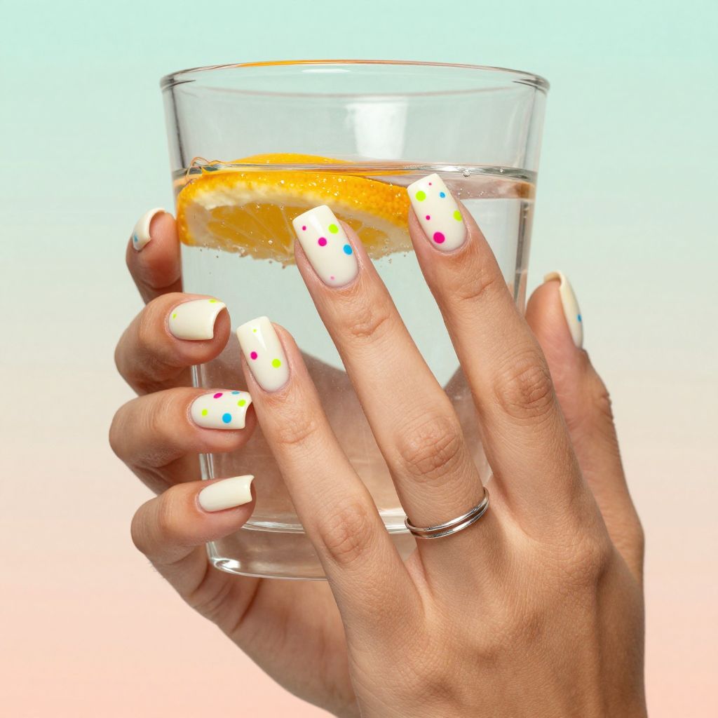 White nails with neon confetti dots