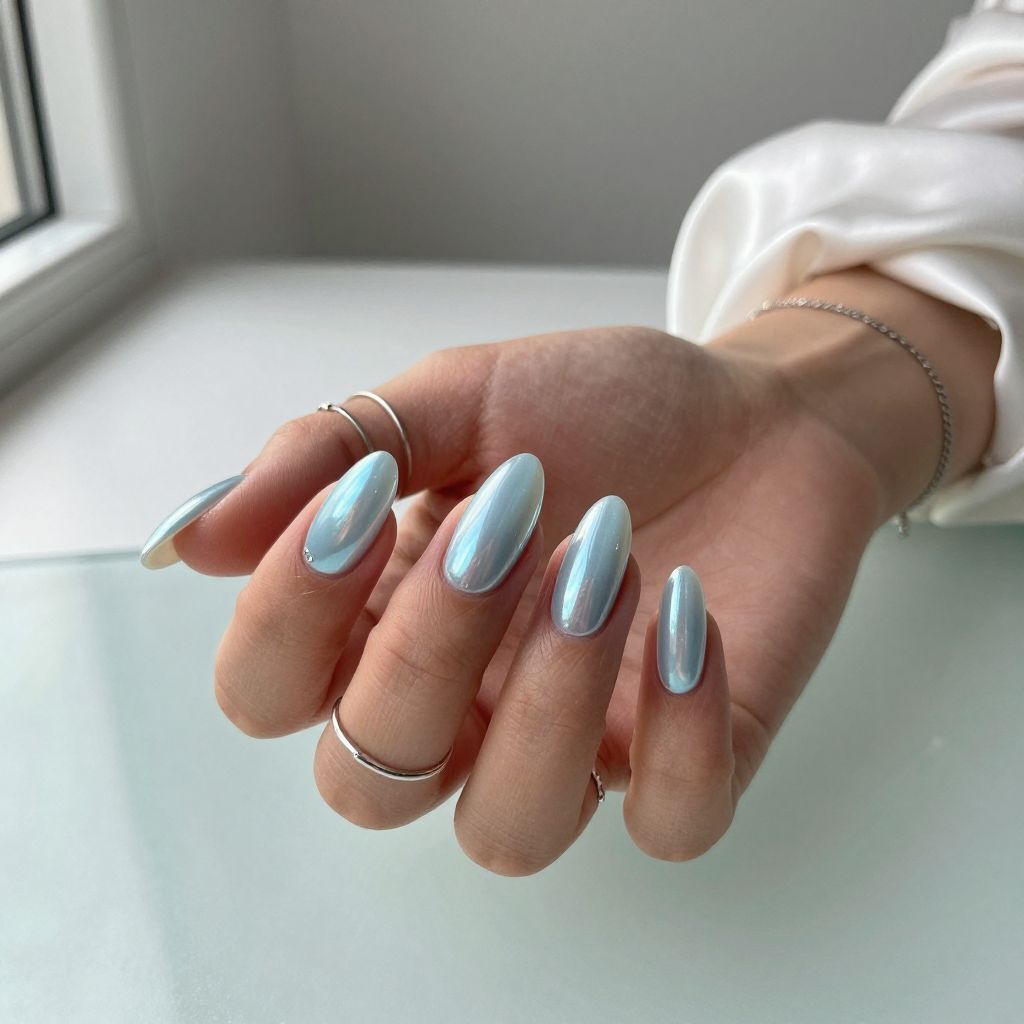 Soft Blue Chrome Nails