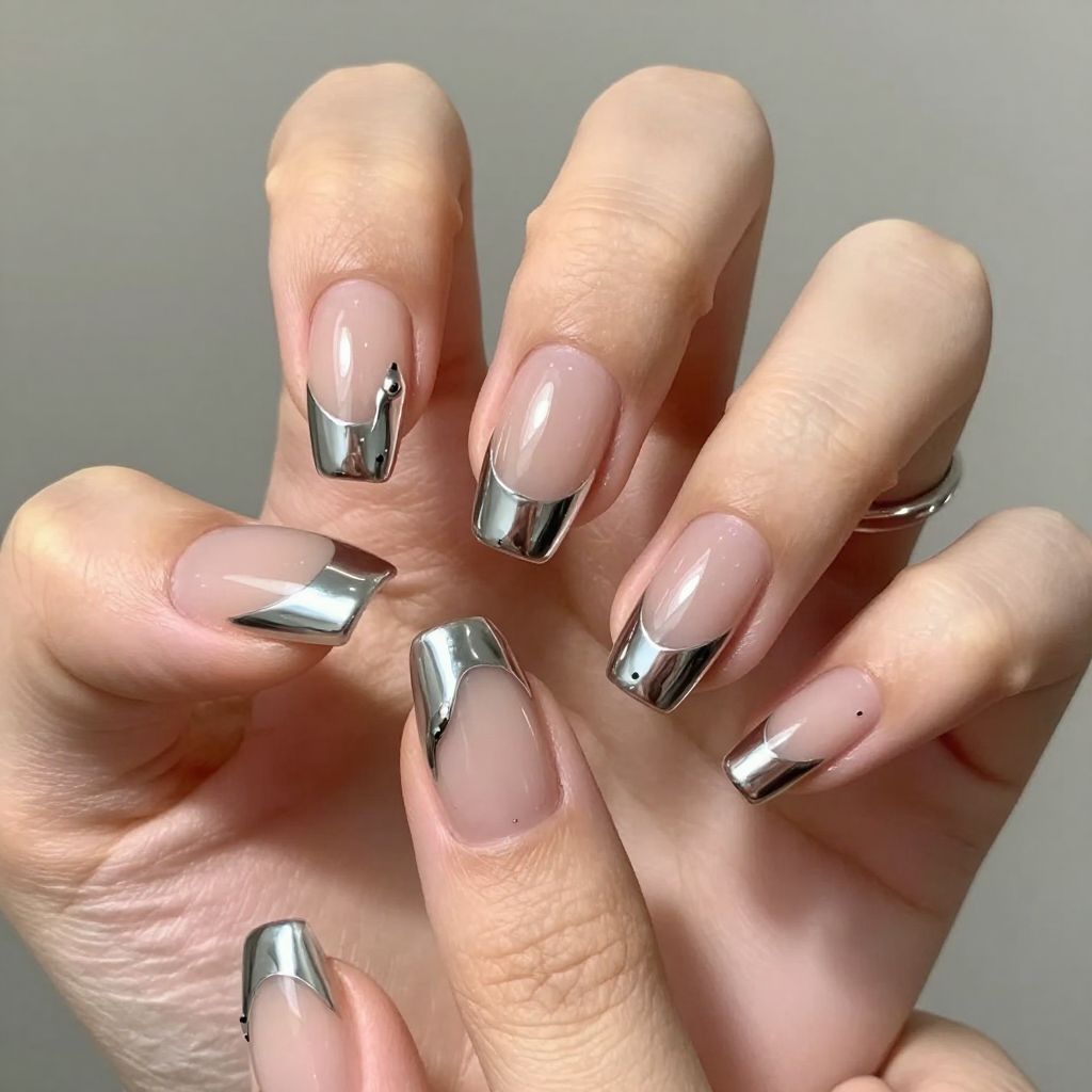 Chrome drip accent on short nails