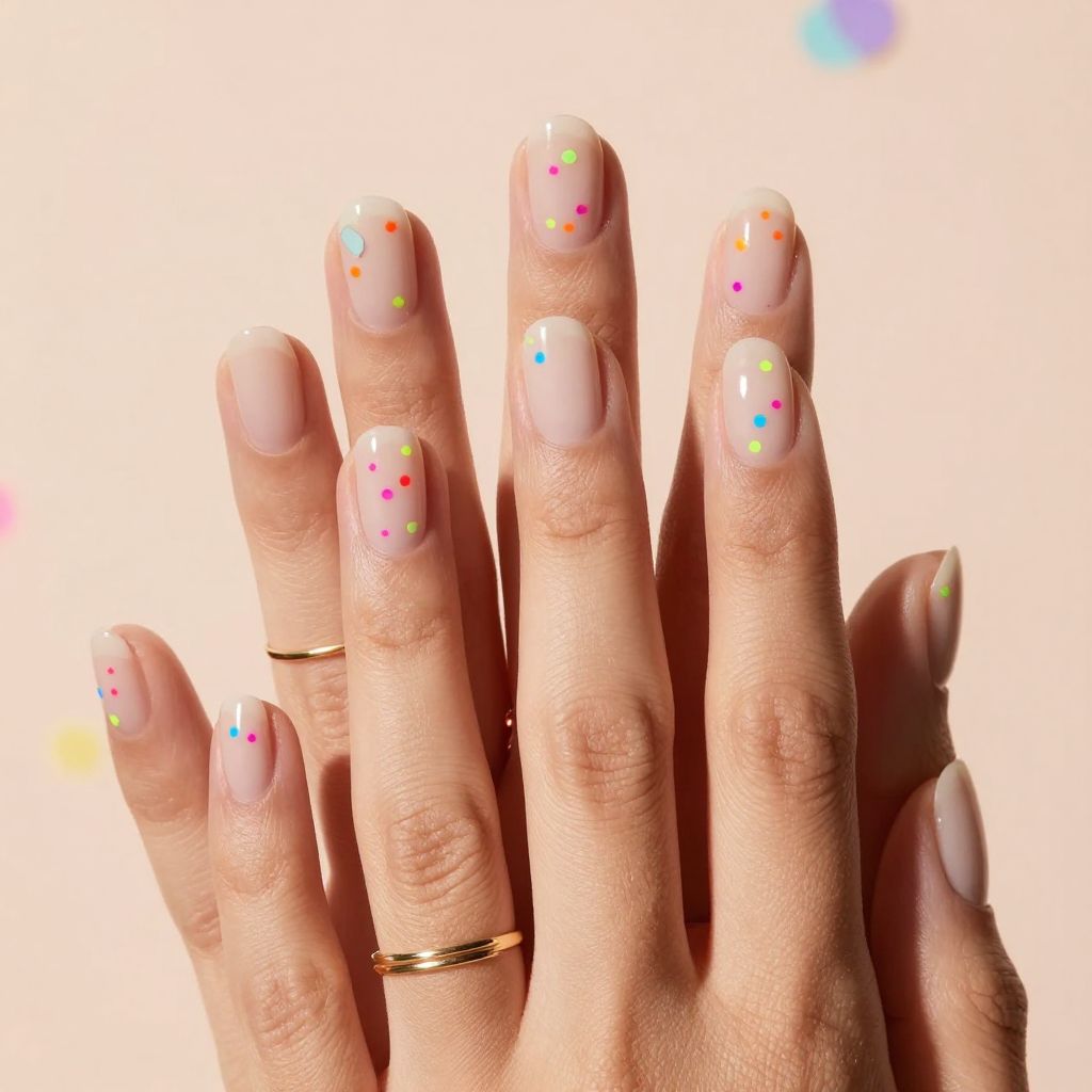 Confetti dots on short nude nails