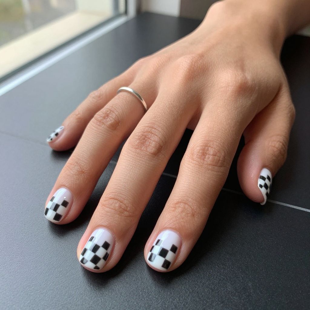 Tiny checkerboard design on short nails