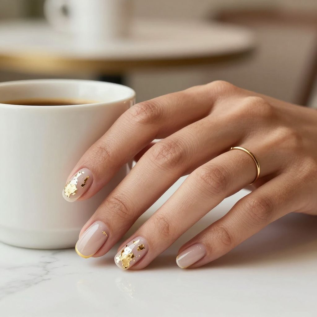 Gold foil flakes on short nails