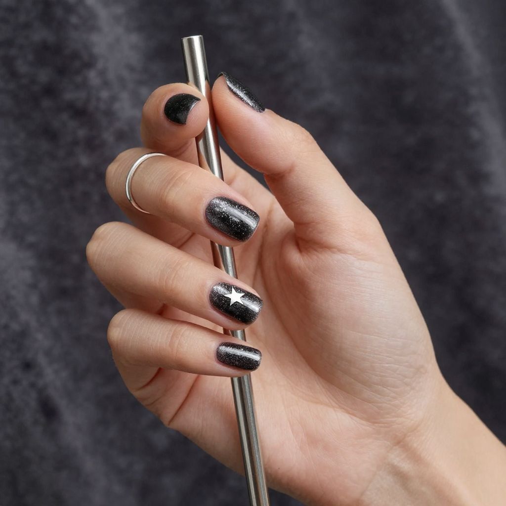 Midnight star speckle short nails