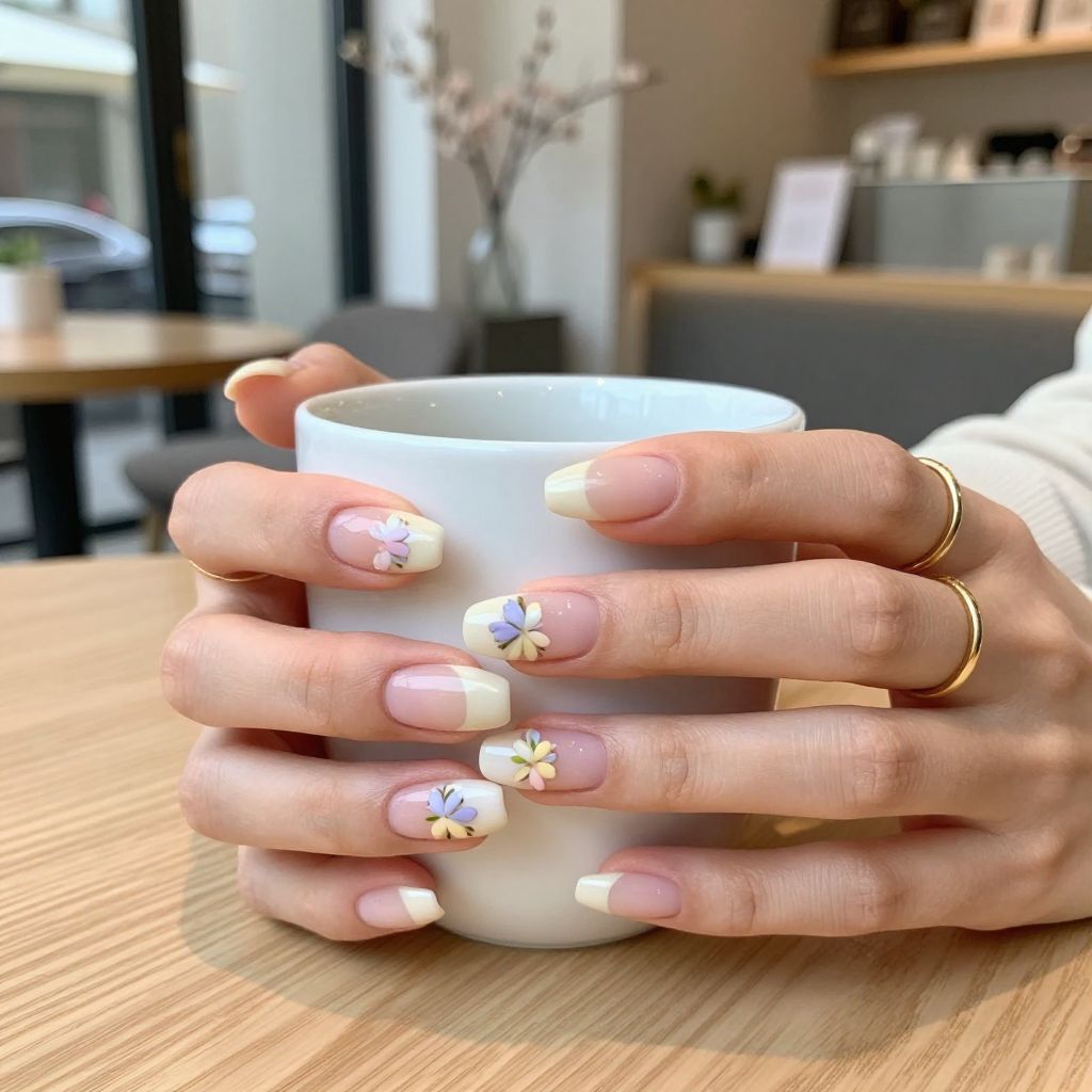 Dainty floral design on short nails