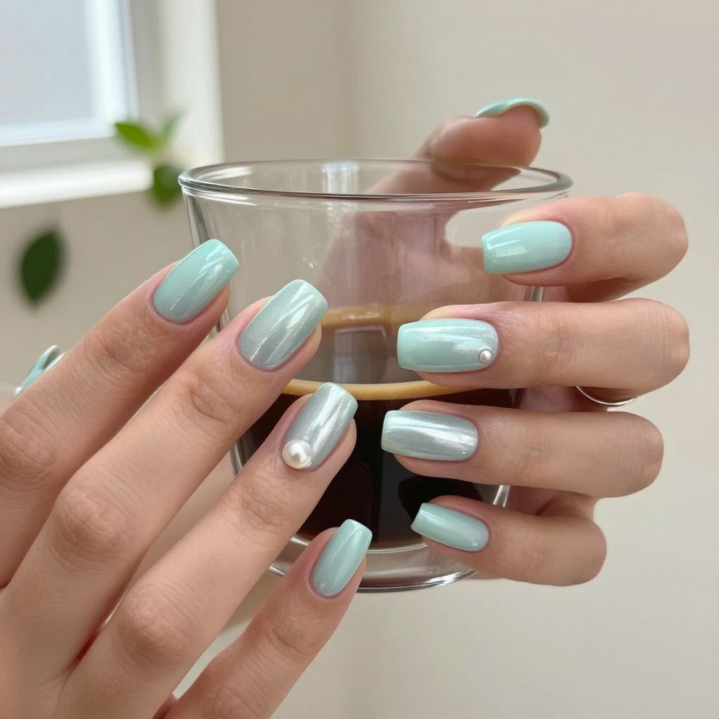 Glossy Mint Chrome spring nails