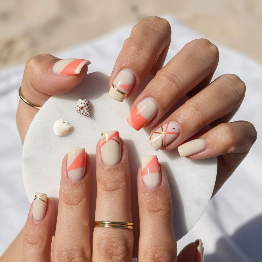 Coral and Cream Geometric Nails