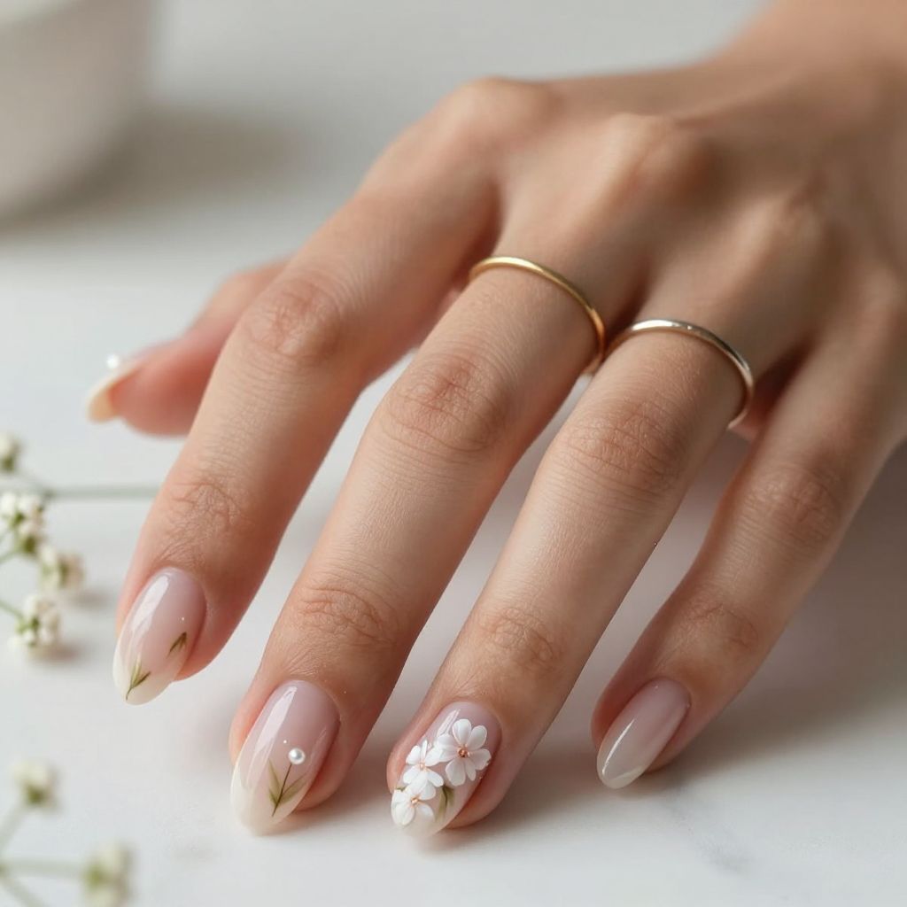 Bare Nude Nails With Tiny Floral Art