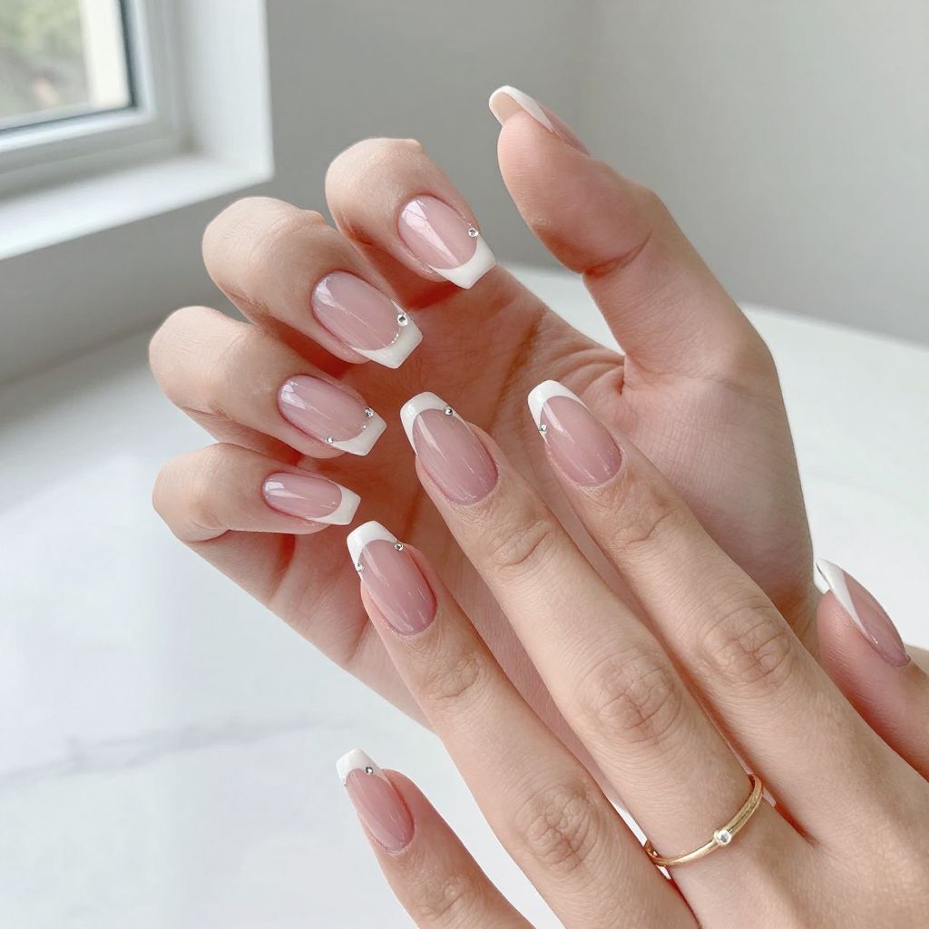 Clear French Tips with Gem Accents