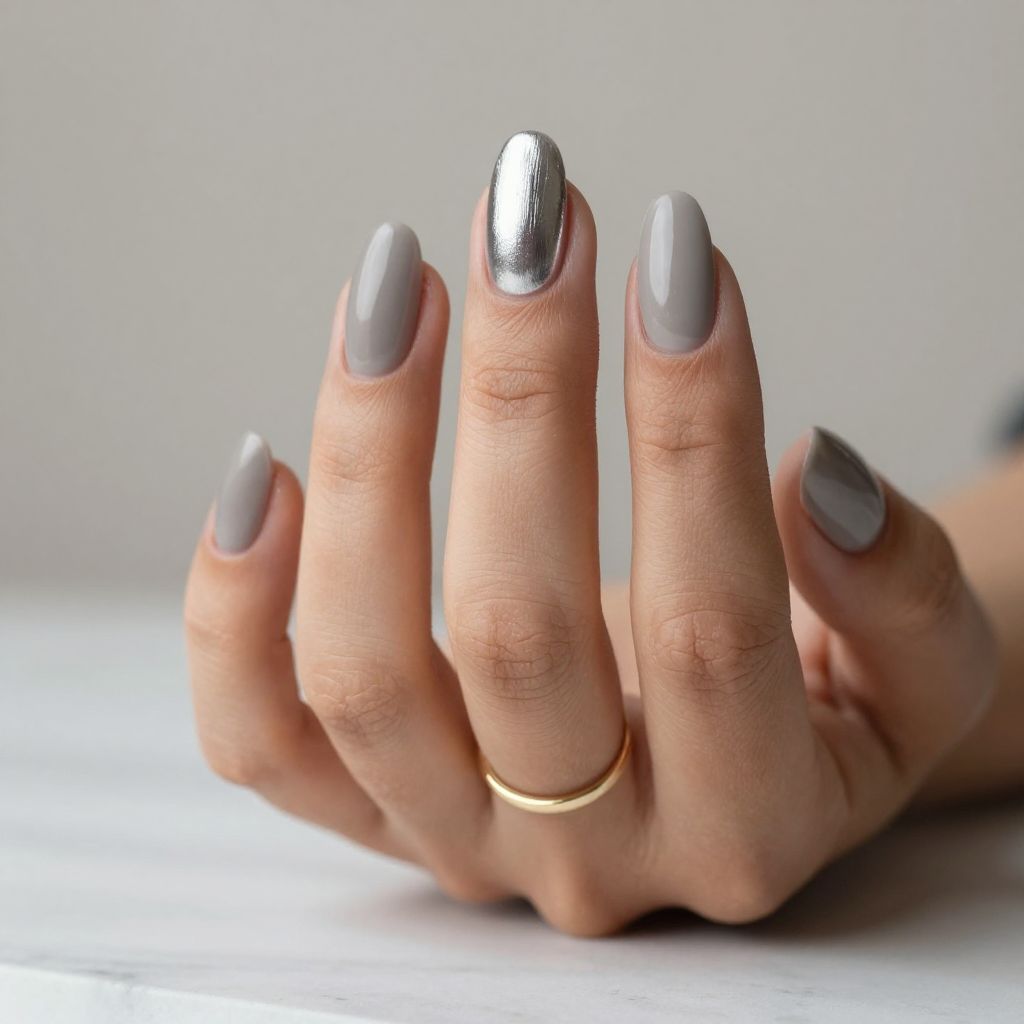 Greige with Brushed Metal Accent Nail