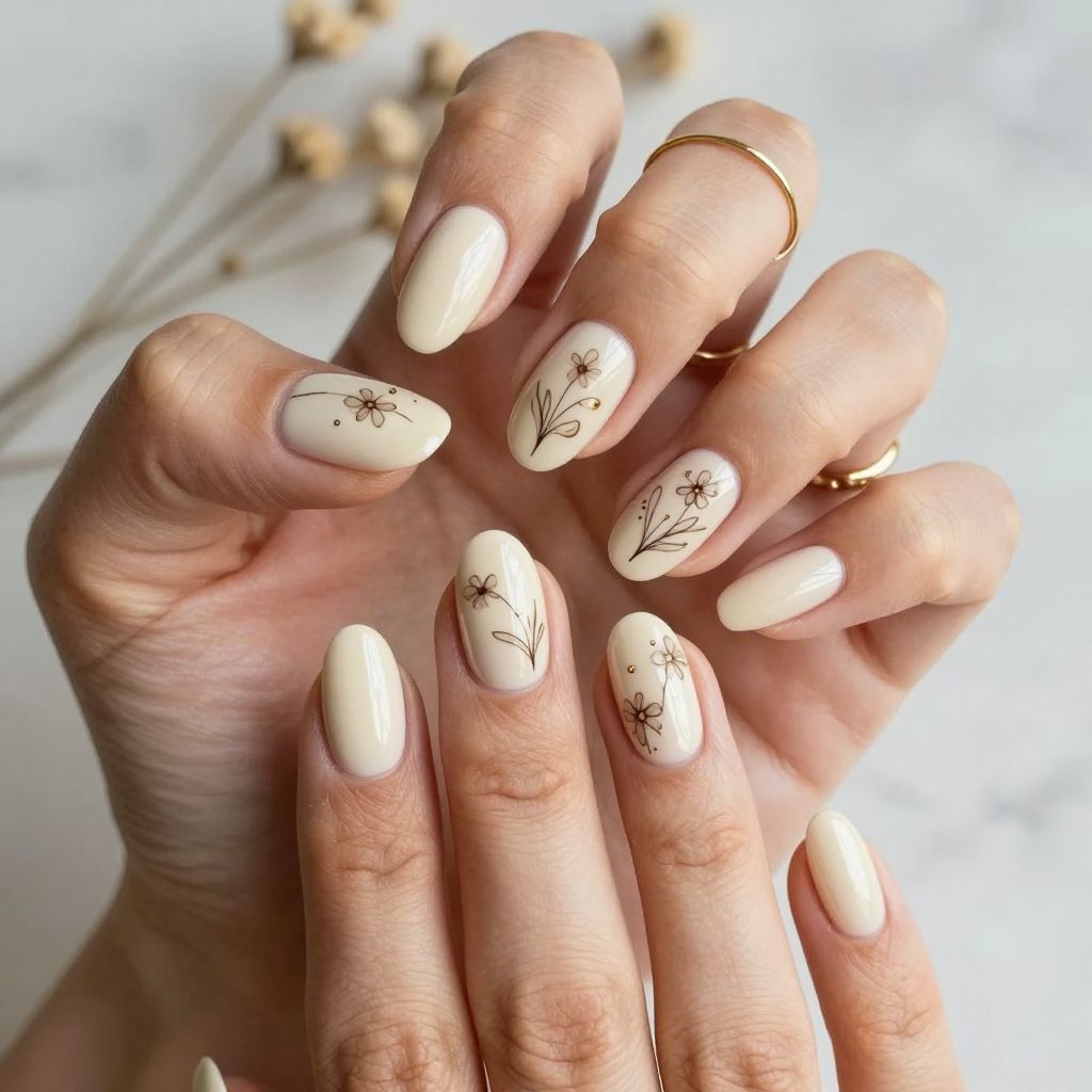 Cream with Delicate Floral Line Drawings