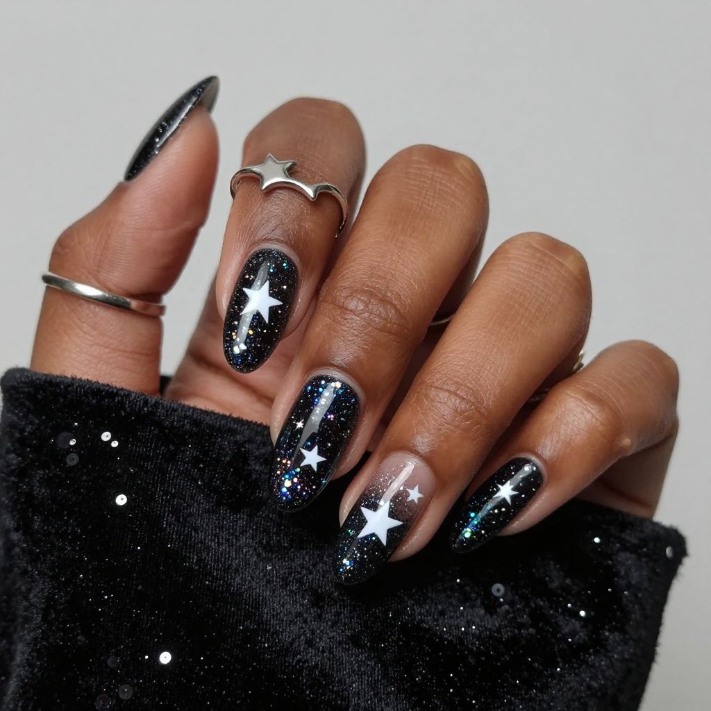 Holographic starscape black glitter nails