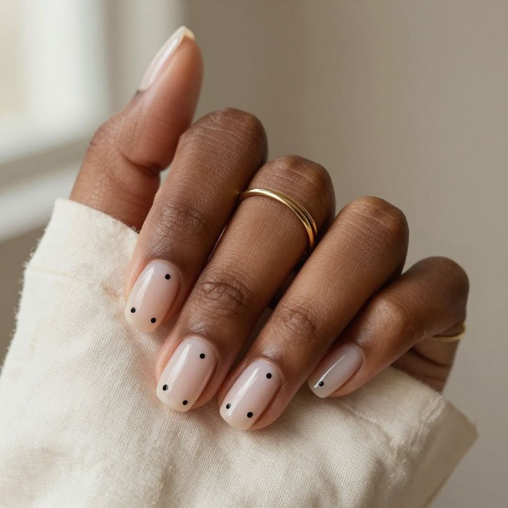 Milky white nails with black minimal dots
