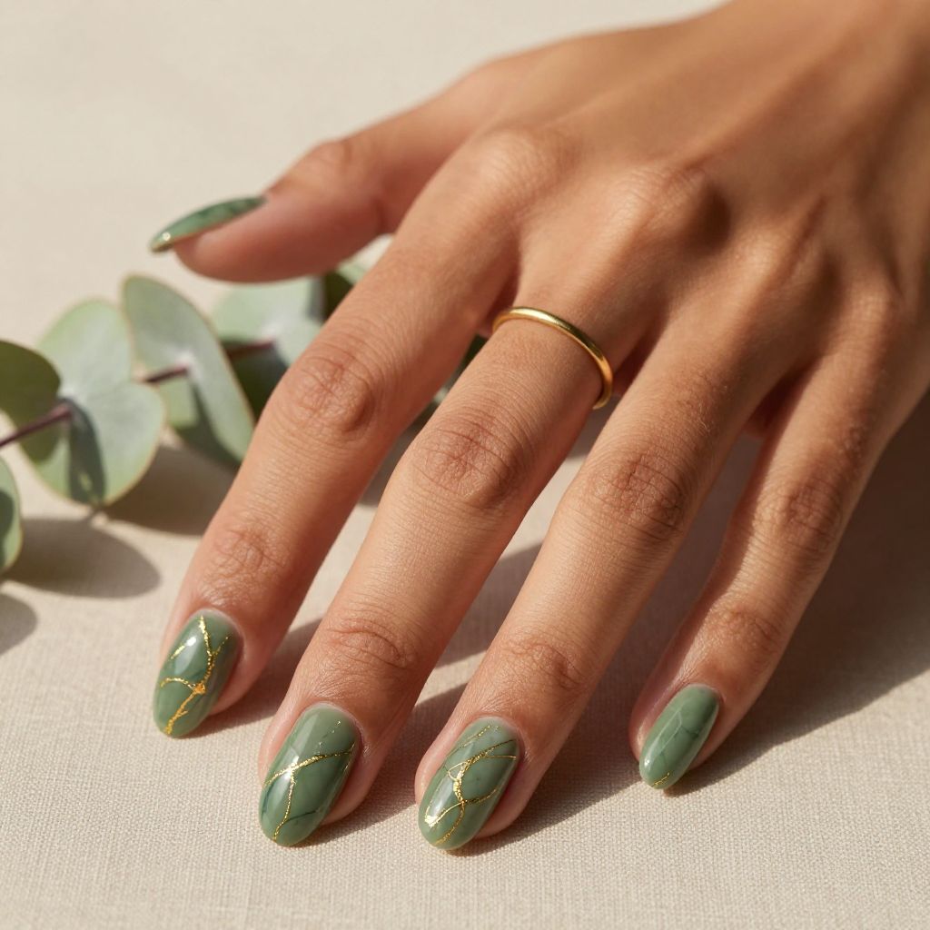 Olive green marble almond nails with gold veins