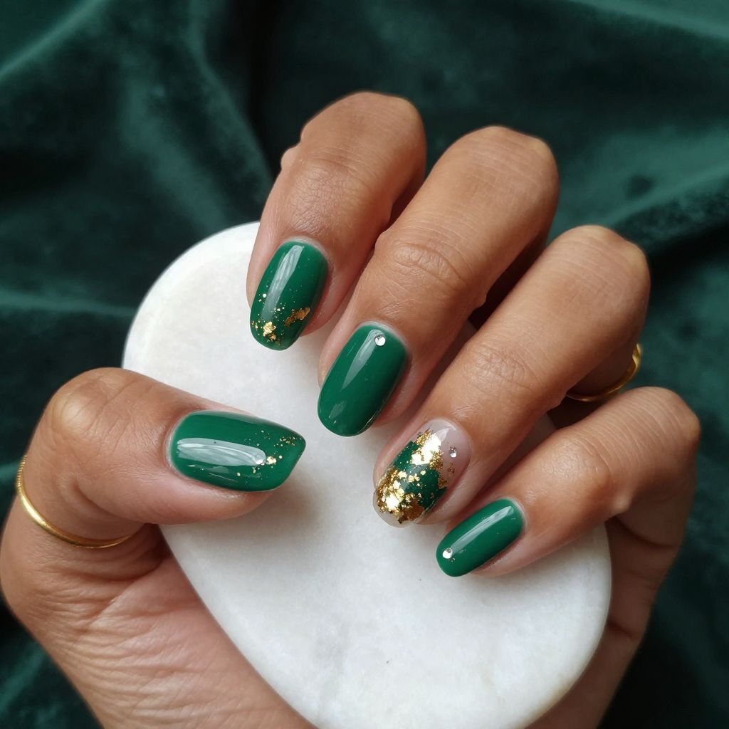 Glossy emerald green oval nails with gold foil