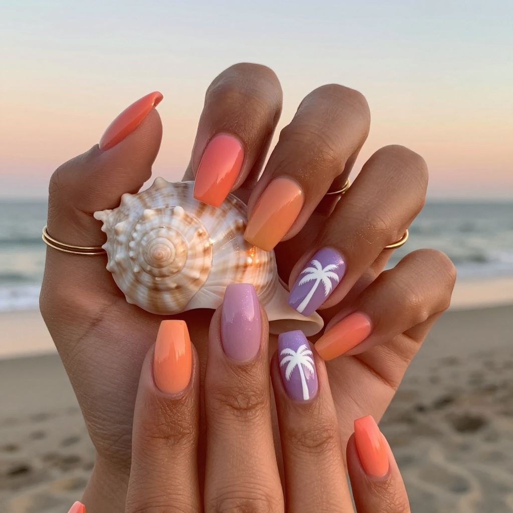 Sunset ombre coral and purple nails