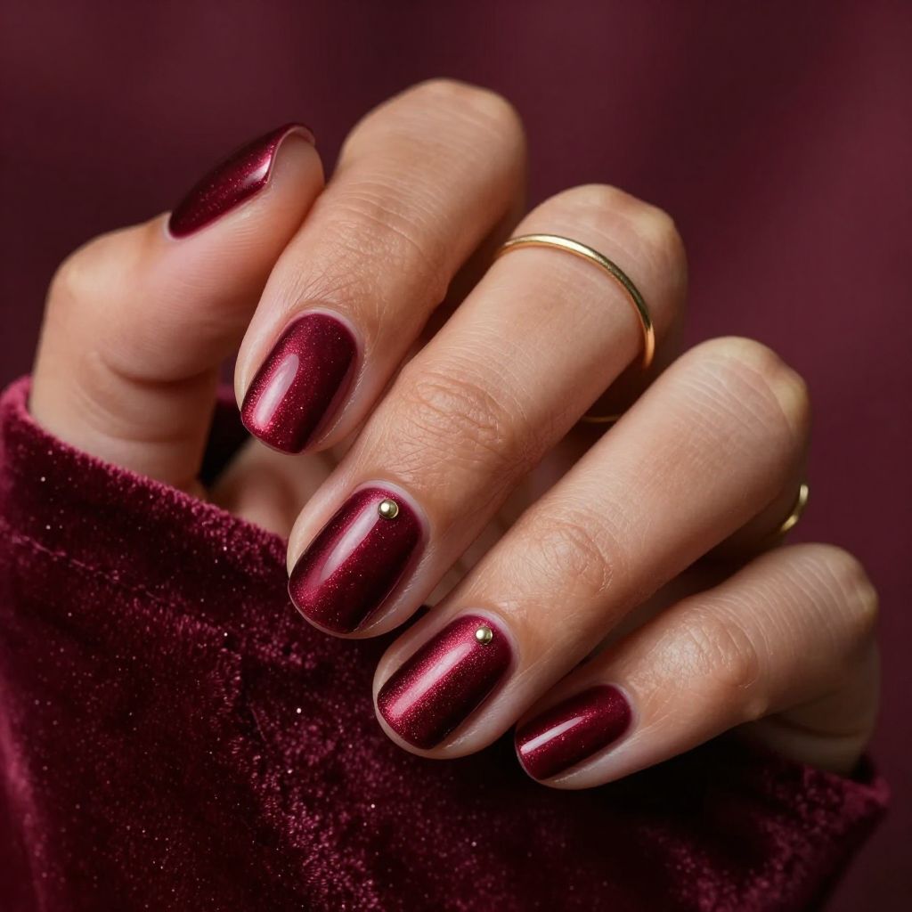 Rich burgundy velvet cat eye nails
