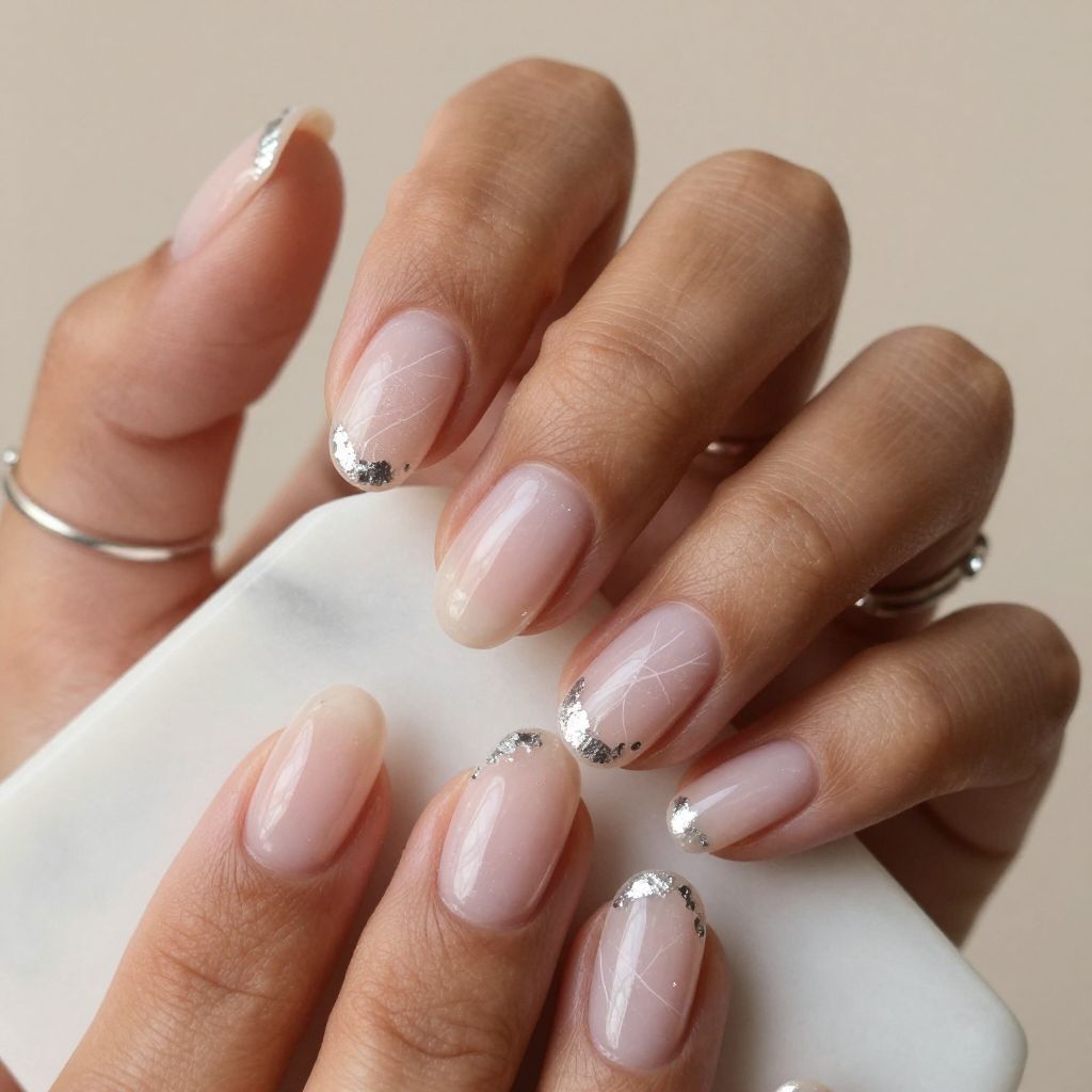 Soft pink quartz oval nails with white veins