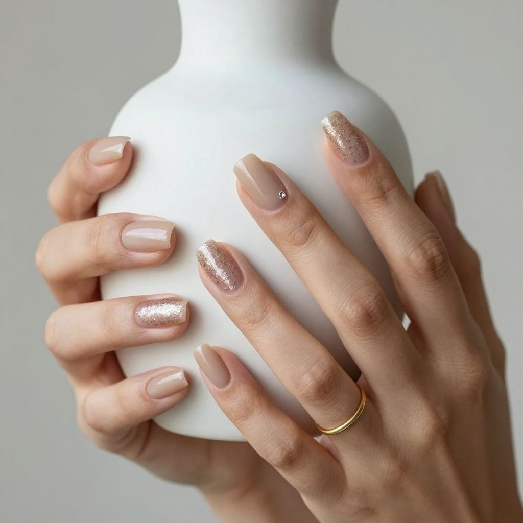Nude coffin nails with glitter cuticles