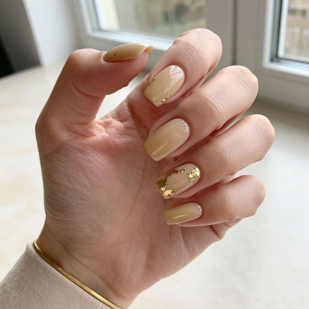 Nude coffin nails with gold foil