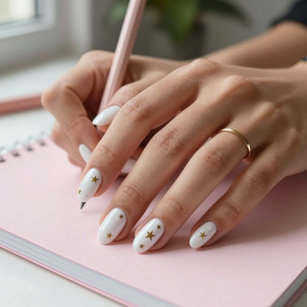 Soft White Nails With Tiny Gold Stars