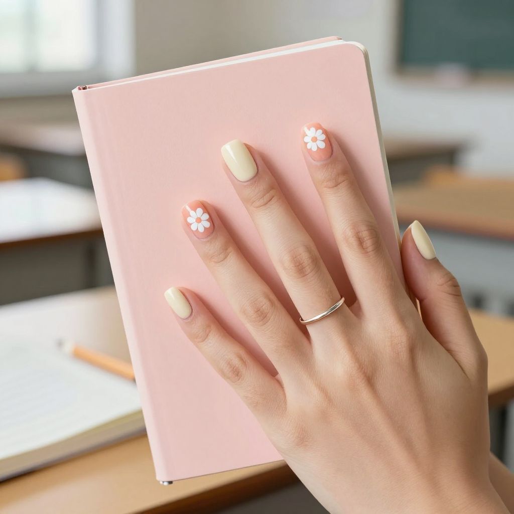 Peach Cream Nails With One Accent Daisy