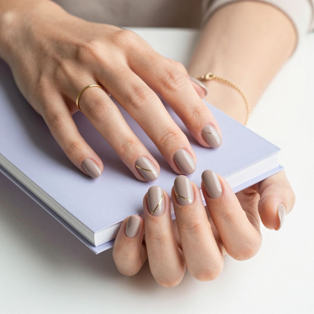 Taupe Nails With Thin Gold Lines