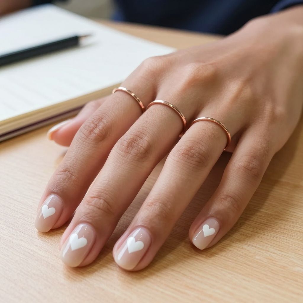 Clean Nude Nails With Micro Hearts