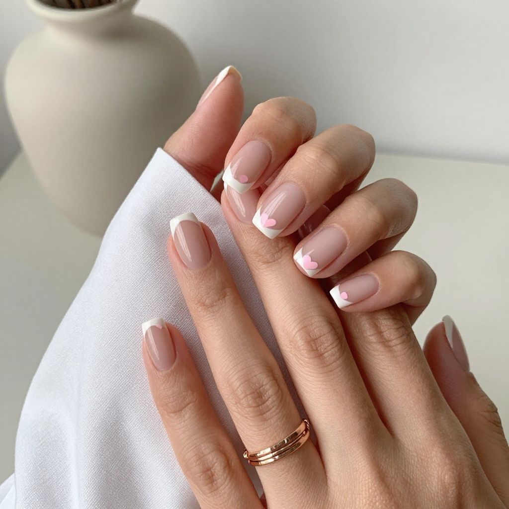 Nude French Tips With Micro Hearts