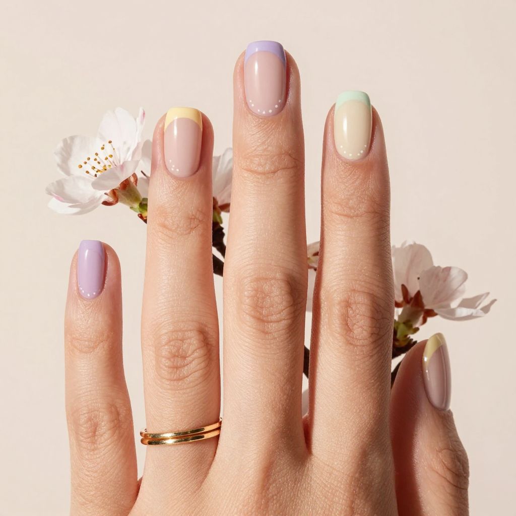 Pastel Rainbow French On Square Nails