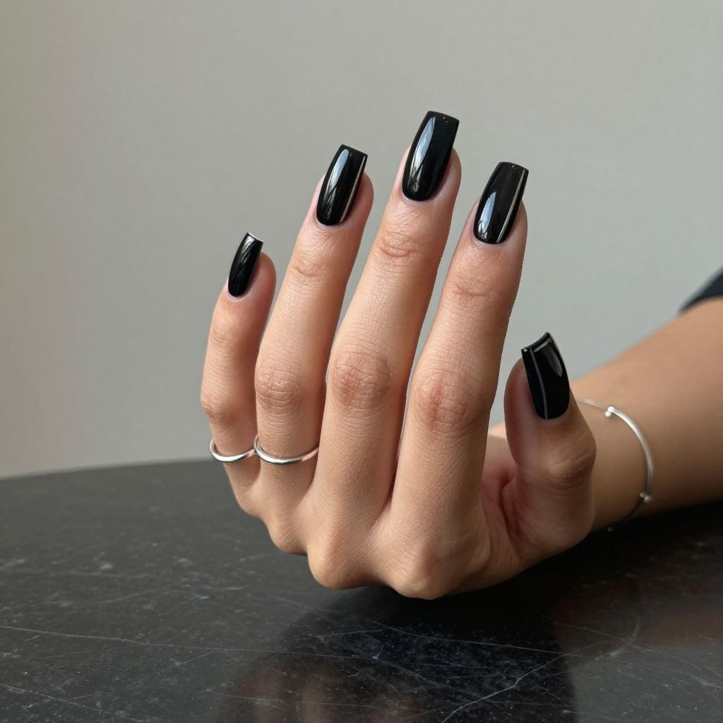 Black Square Nails With Gloss and Stripe Art