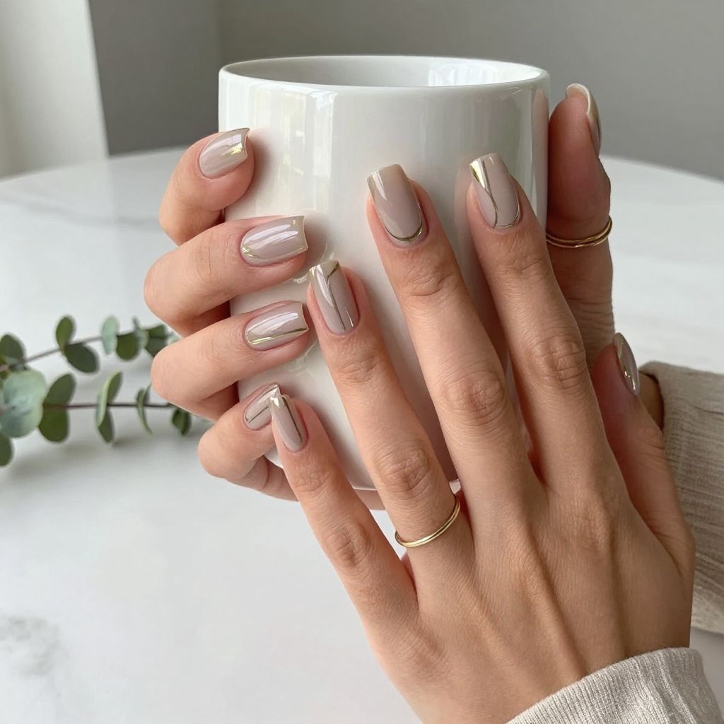 Taupe Nails With Negative Space Lines