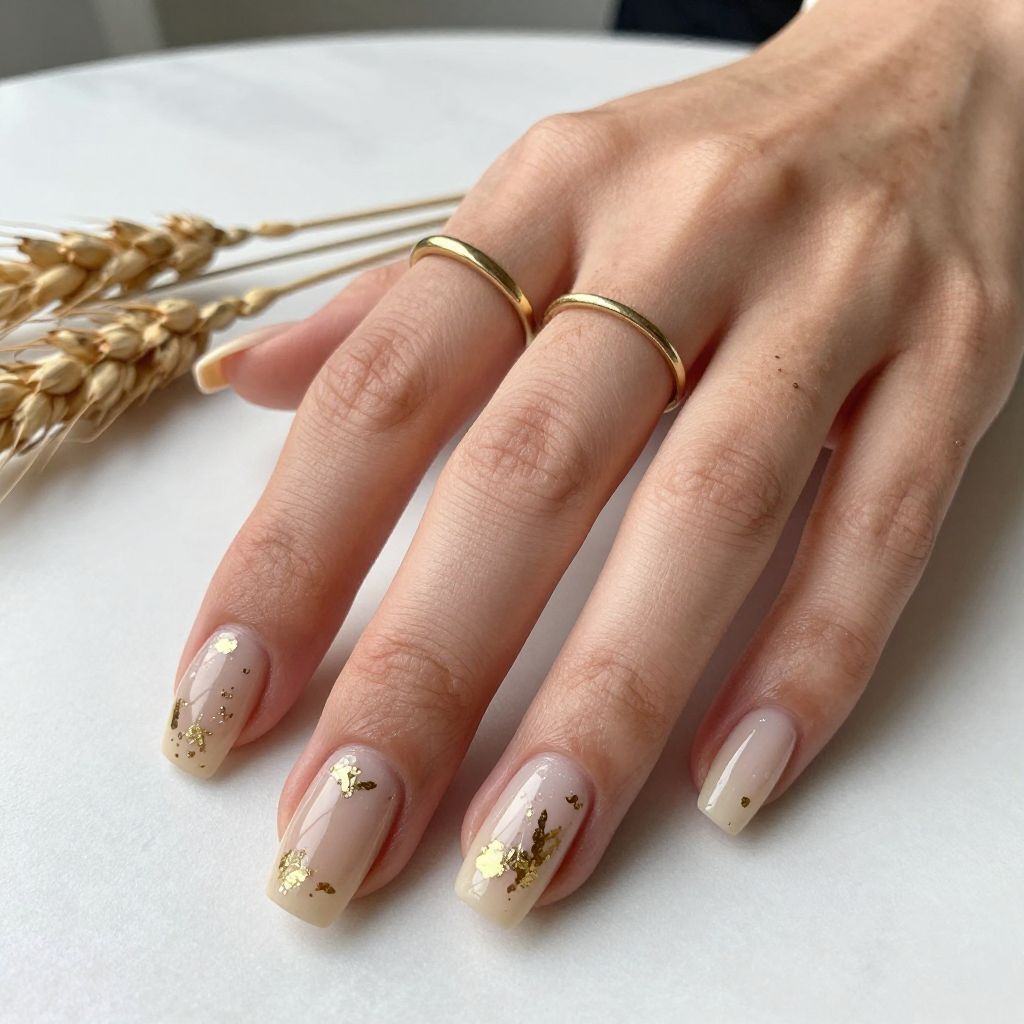 Soft Beige Nails With Gold Foil