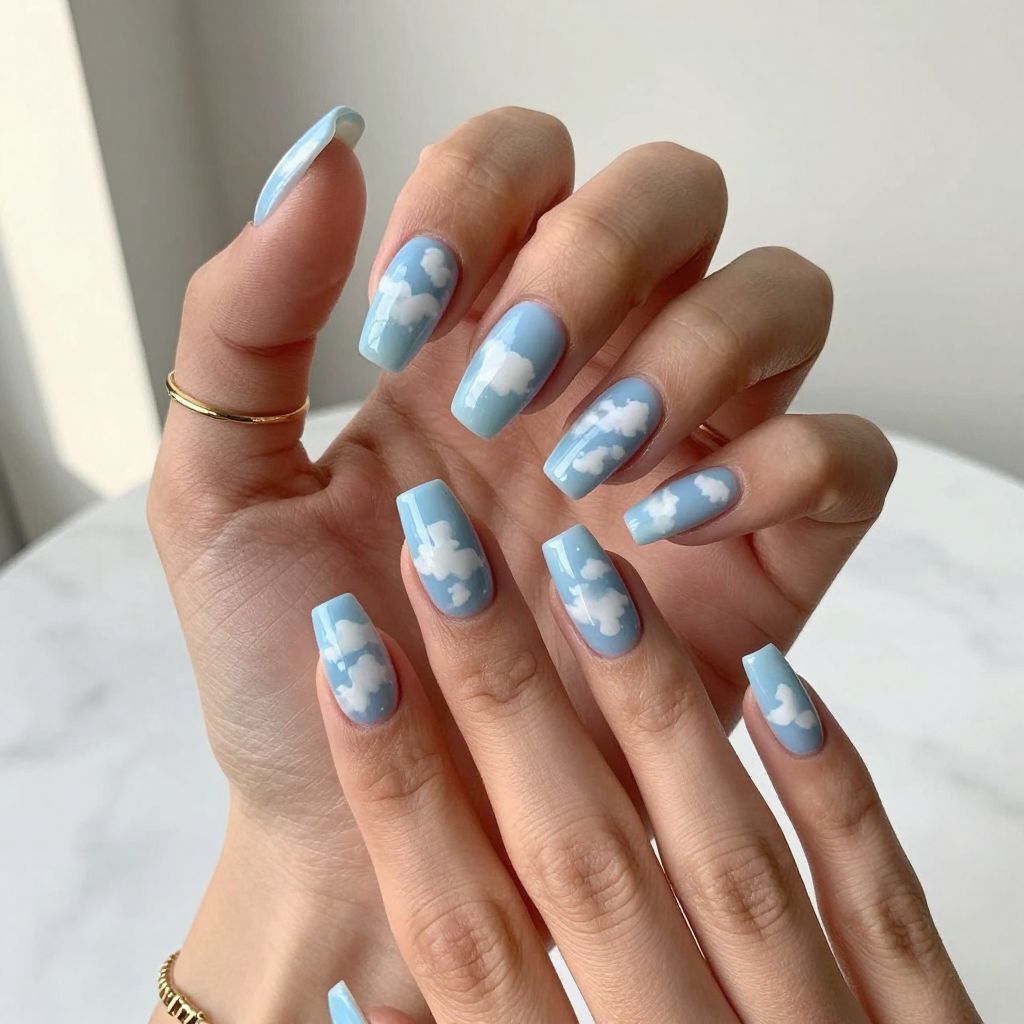 Pale Blue Square Nails With Cloud Art