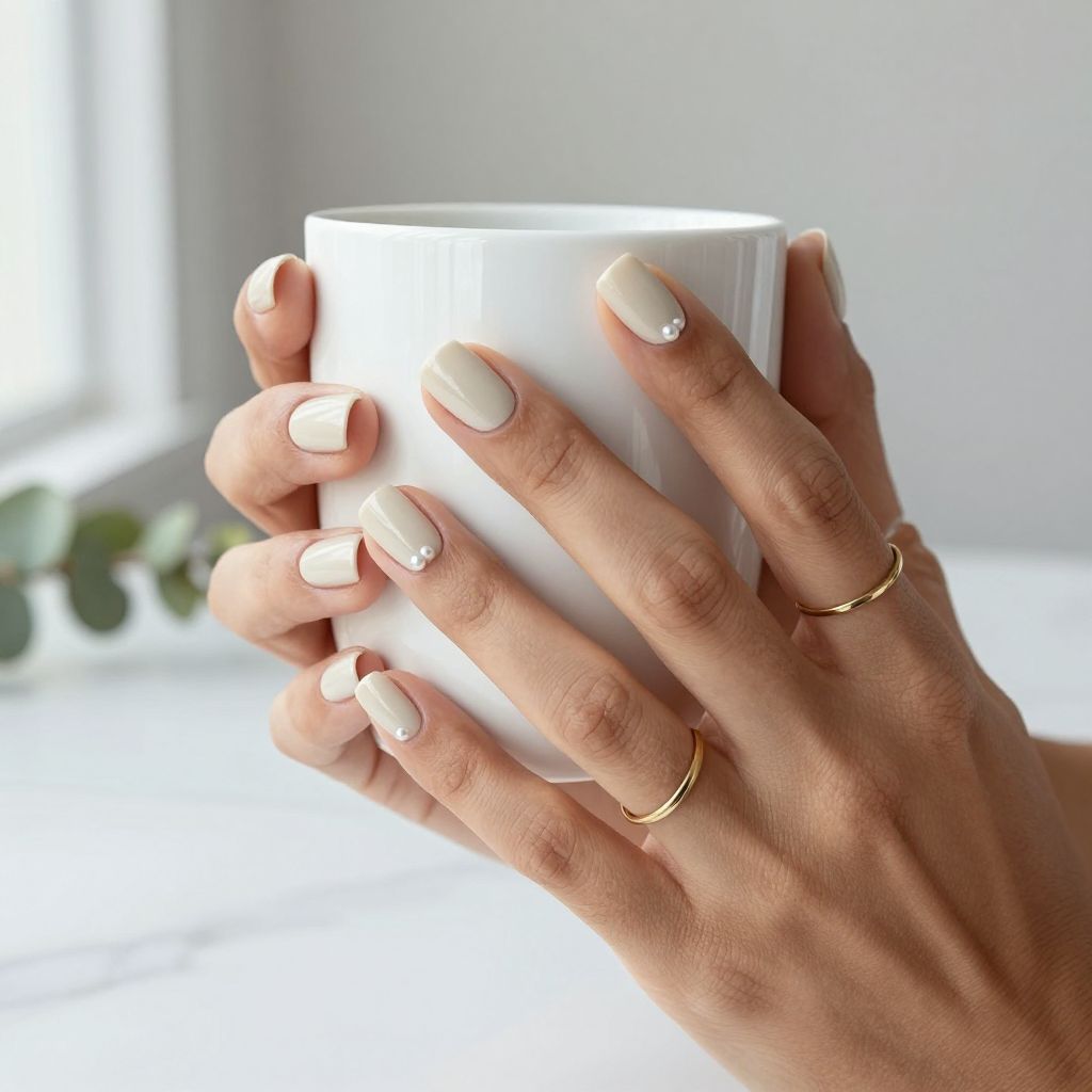 Short rounded nude nails with tiny pearls