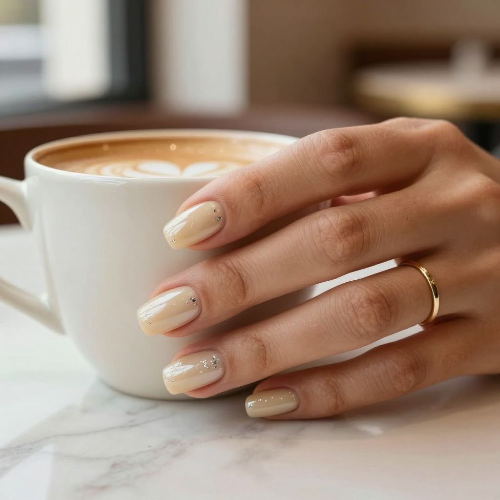 Creamy latte short almond nails with silver flakes