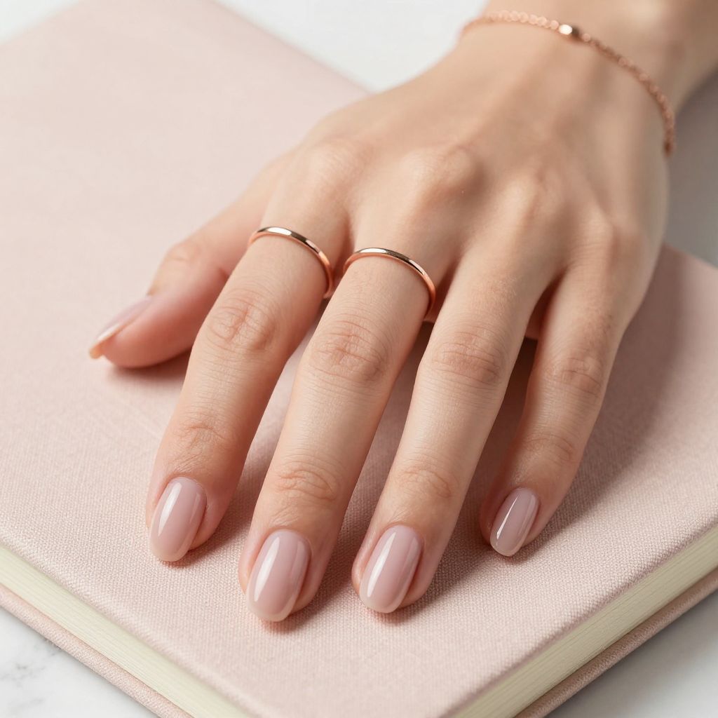 Dusty blush short almond nails with negative space stripe