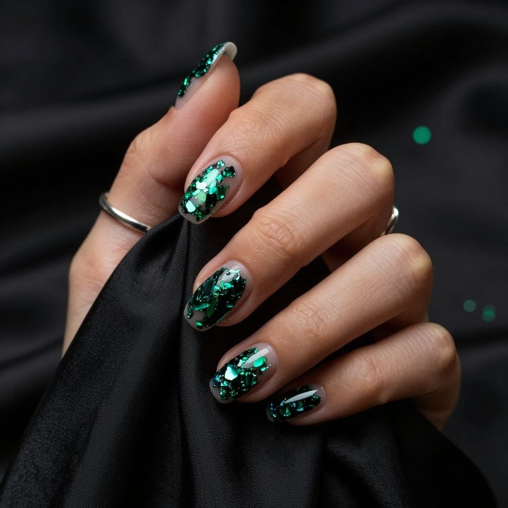 Black jelly short almond nails with emerald foil