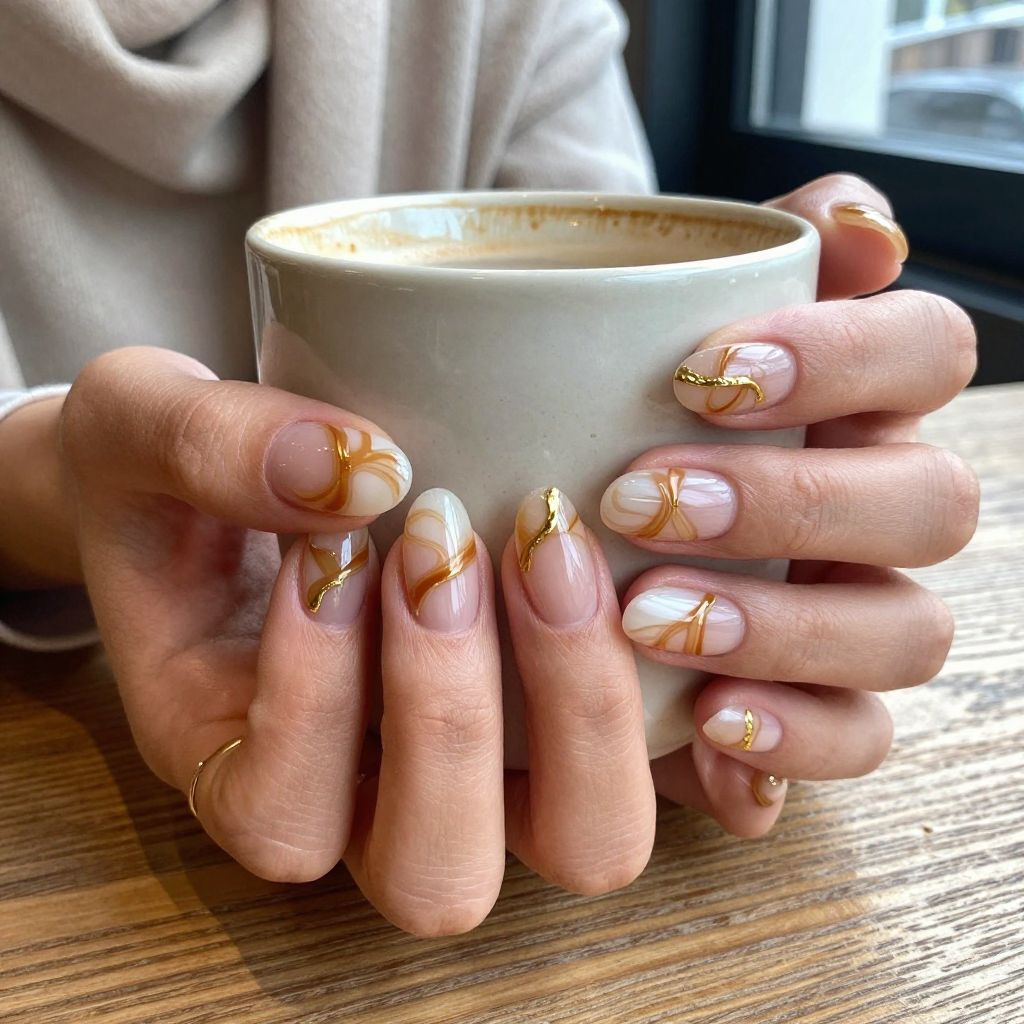 Short almond nails with caramel marble and gold foil line