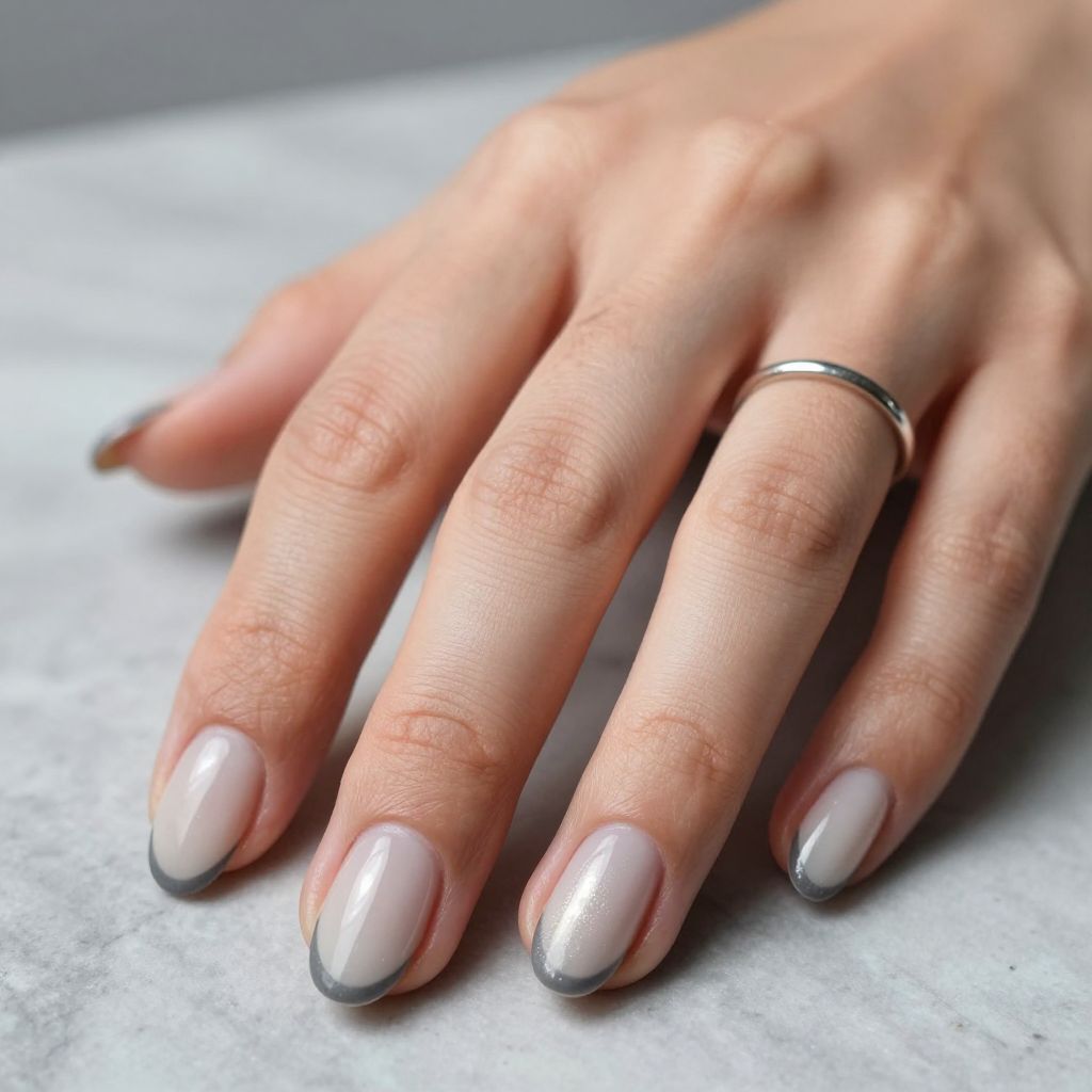 Grey short almond nails with thin graphite French tip