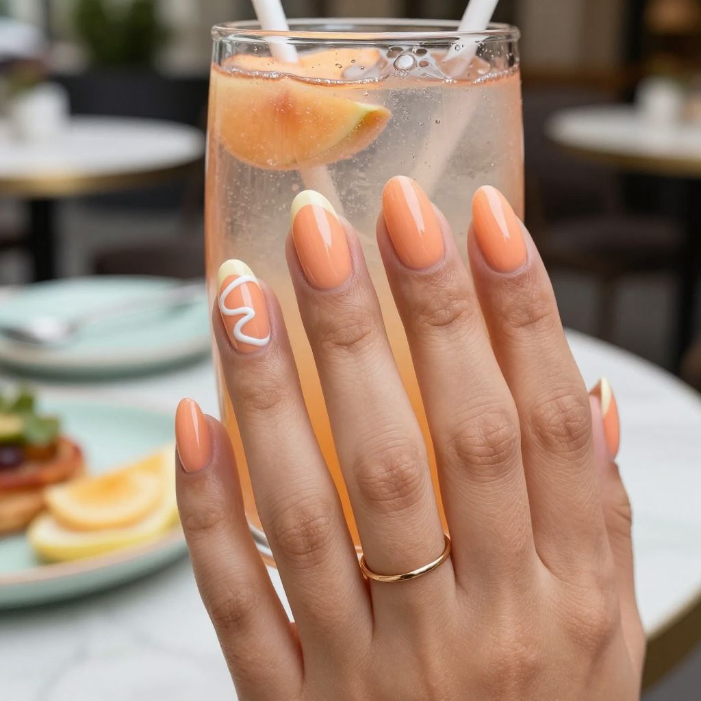 Peach short almond nails with white swirl accent