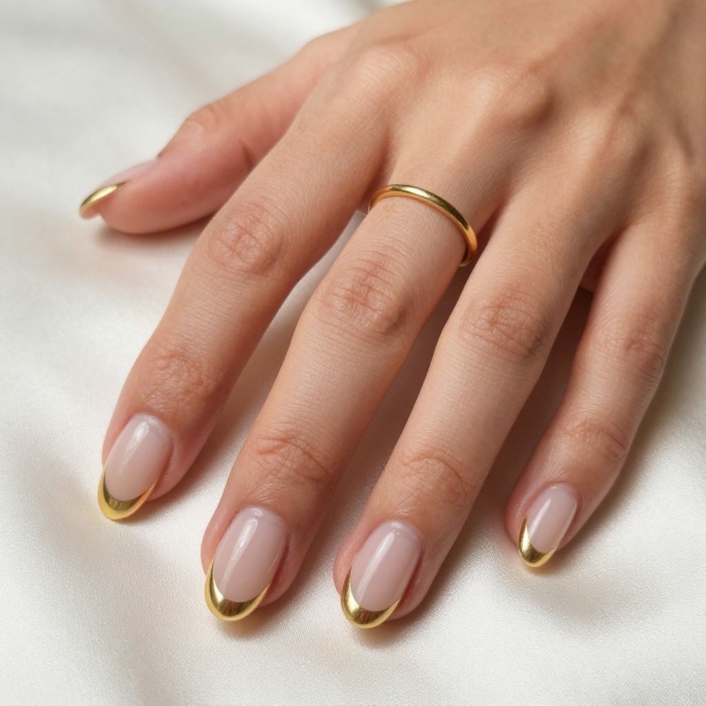Short almond nails with nude base and gold French tips