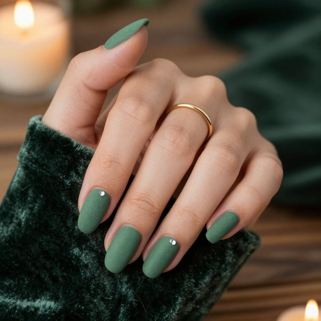 Moss green short almond nails with matte finish and crystal accent