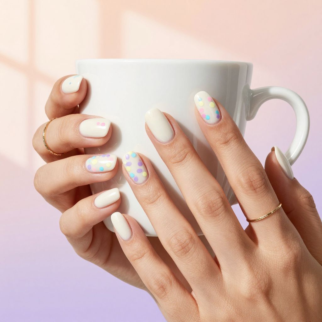 White short almond nails with pastel confetti dots