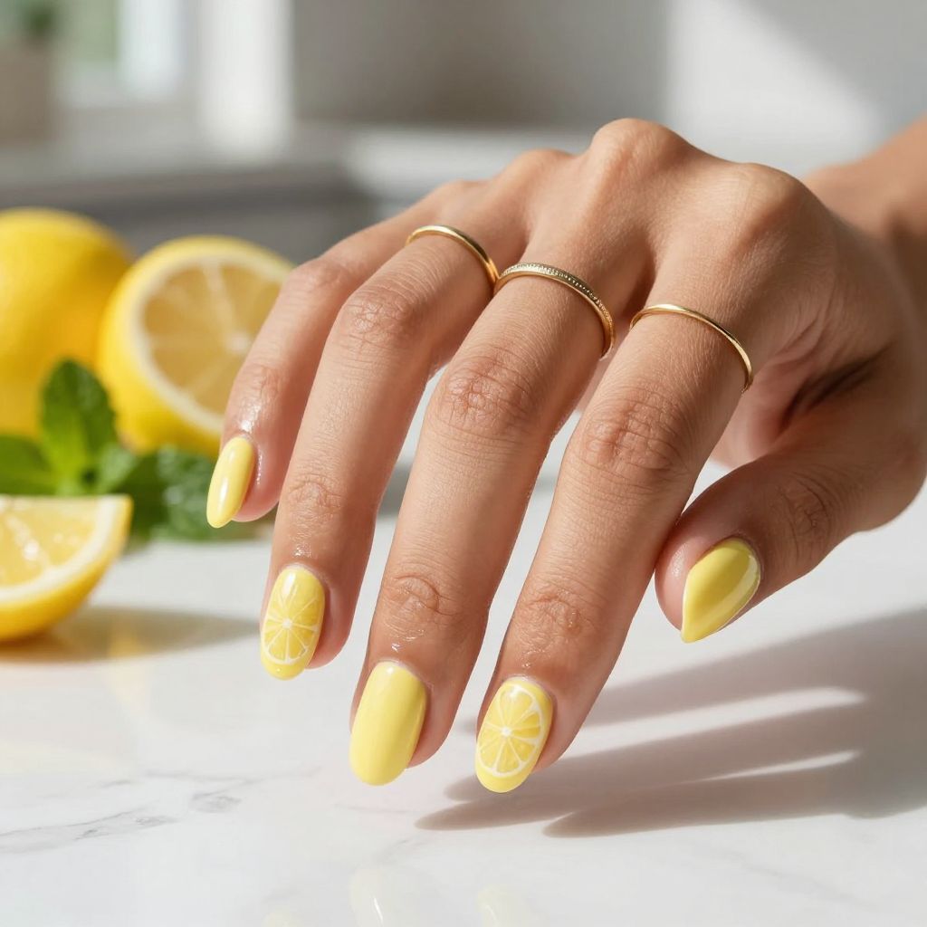Lemon yellow short almond nails with citrus slice accent