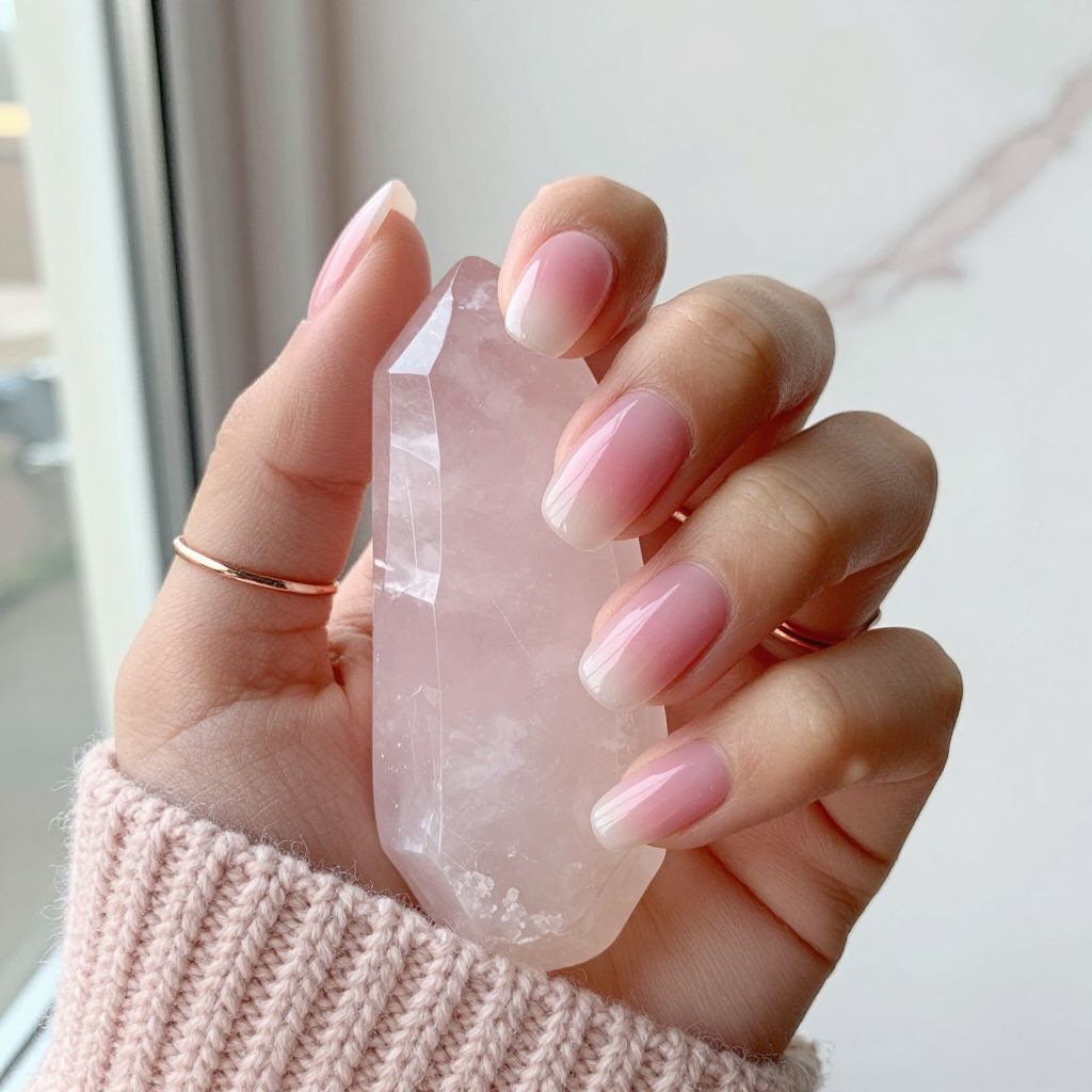 Rosy quartz gradient short almond nails with white veins