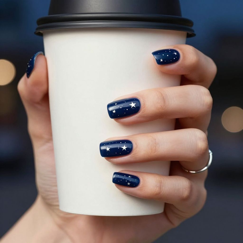 Navy short almond nails with silver star stickers