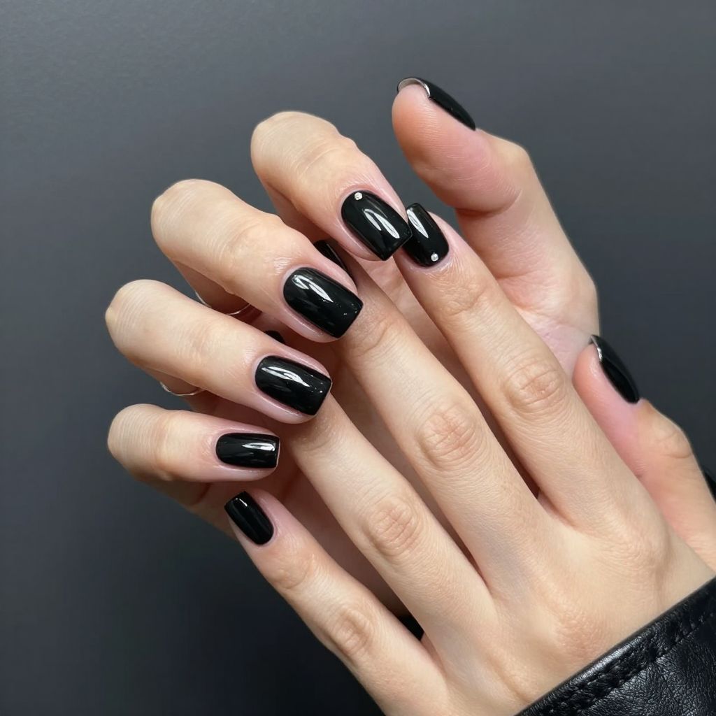 Glossy jet black square nails